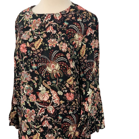 H&M Women's 3/4 Flared‎ Sleeve Pullover Dress Black Multi Floral Size 6 - Picture 2 of 8